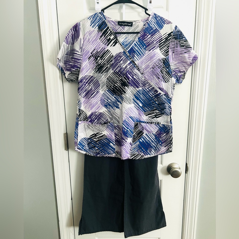 Los Angeles Rose Purple and Gray Patterned Scrub Top with Gray Scrub Pants